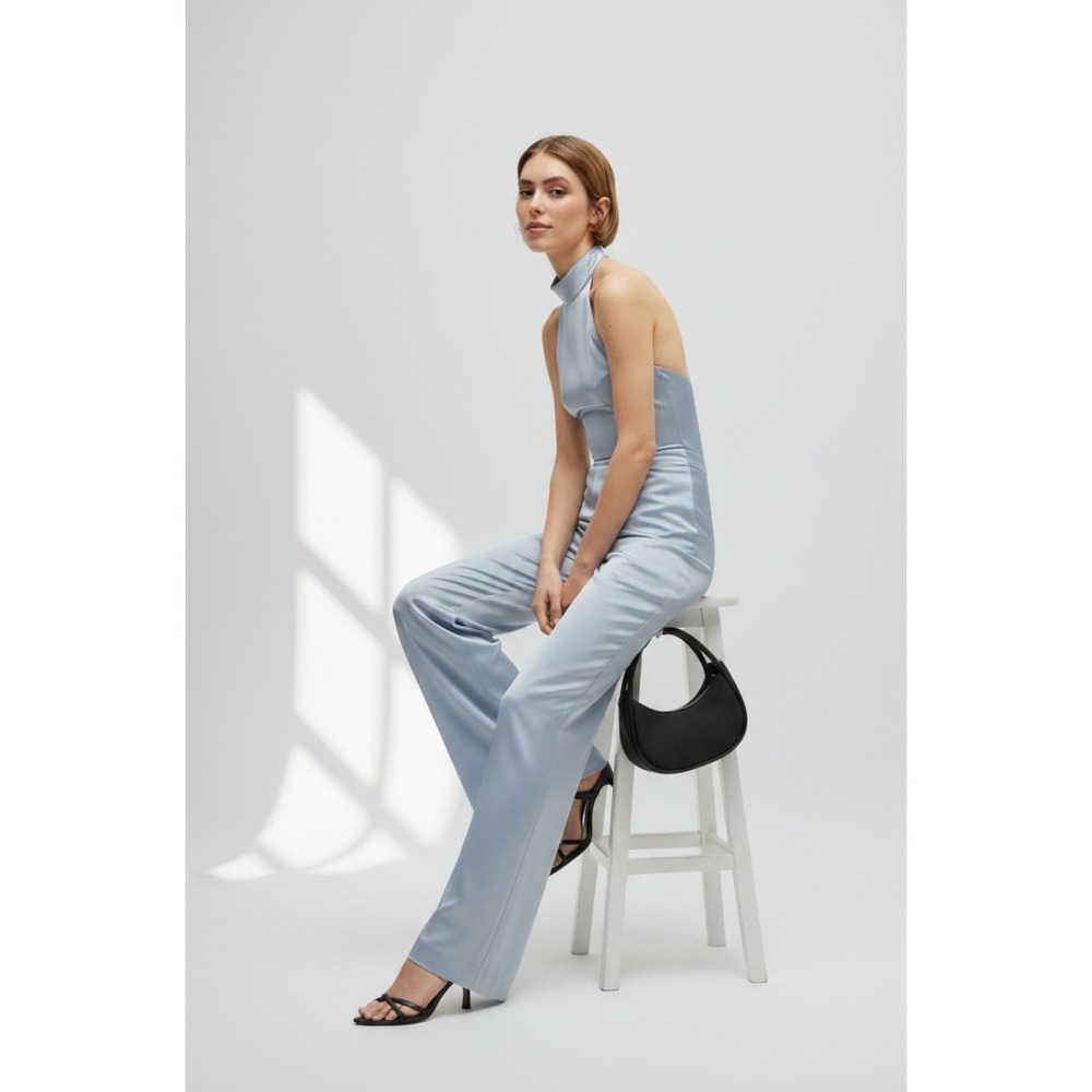 HUGO Satin Halter Neck‎ Jumpsuit Silver Blue High Neck Sleeveless SIZE 8 New